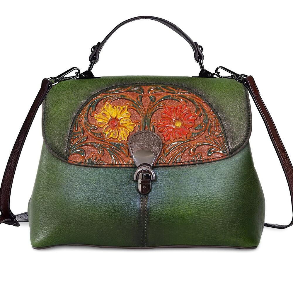 4440 Leather Satchel Top Handle Bags Handmade Purse Vintage Embossed